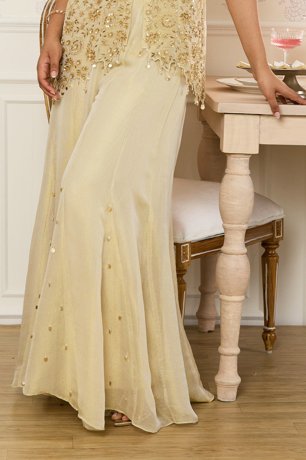 Beige Shimmer Fabric Embroidered Jacket, Crop Top & Palazzo Co-ord Set