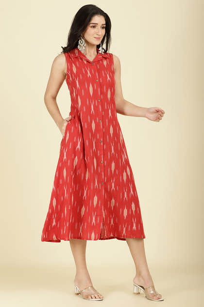 Red Cotton Ikat Printed Peonies Dress