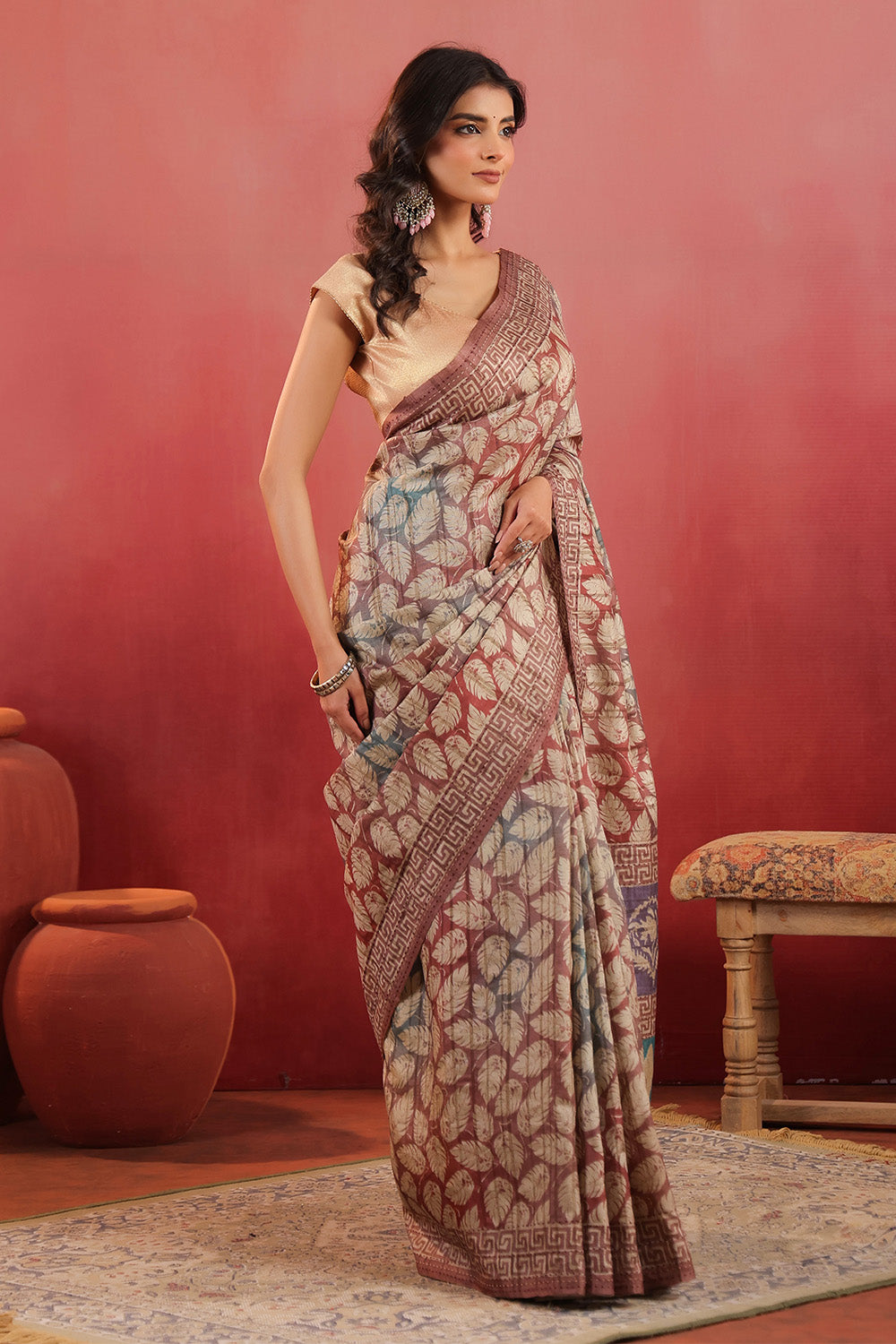 Rust Tussar Silk Printed Saree