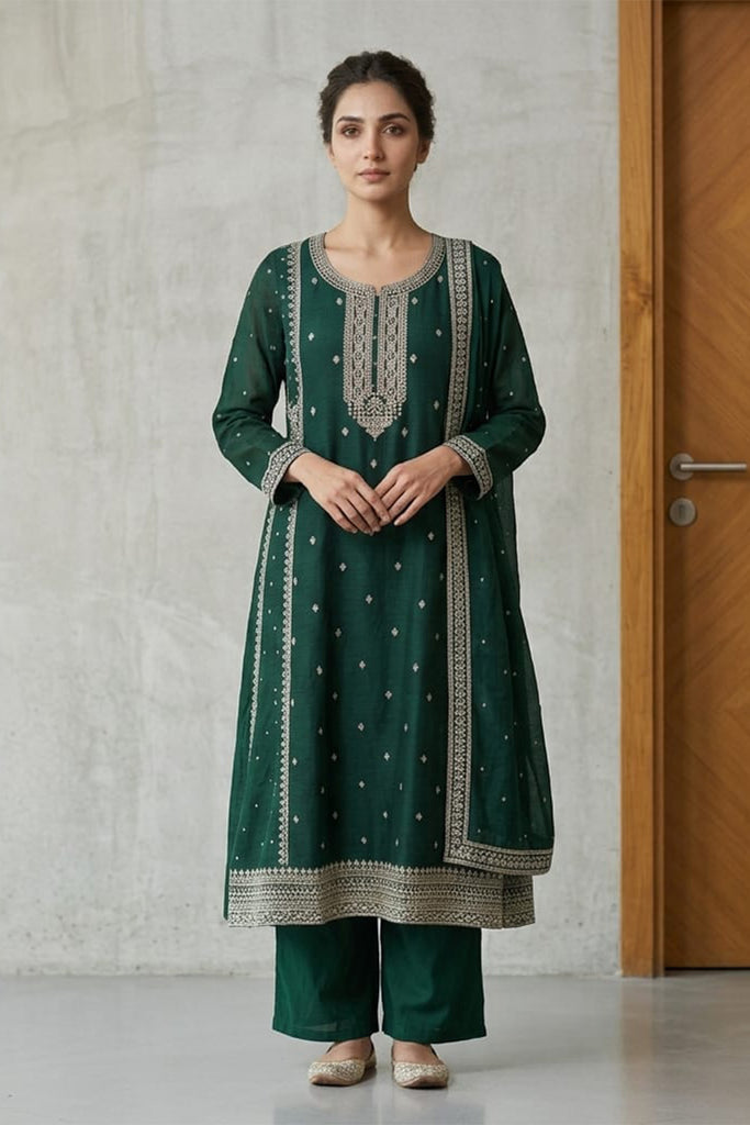 Bottle Green Crepe Silk Zari and Sequins Embroidered Anarkali Suit