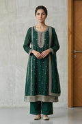 Bottle Green Crepe Silk Zari and Sequins Embroidered Anarkali Suit
