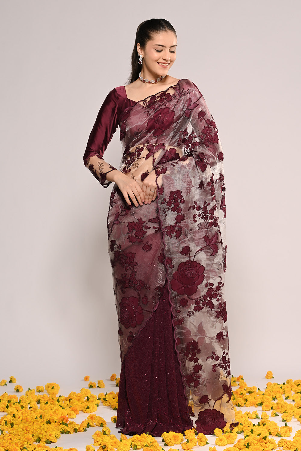 Wine Color Net Embroidered Saree