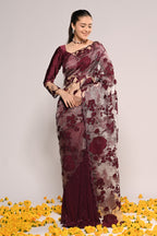 Wine Color Net Embroidered Saree