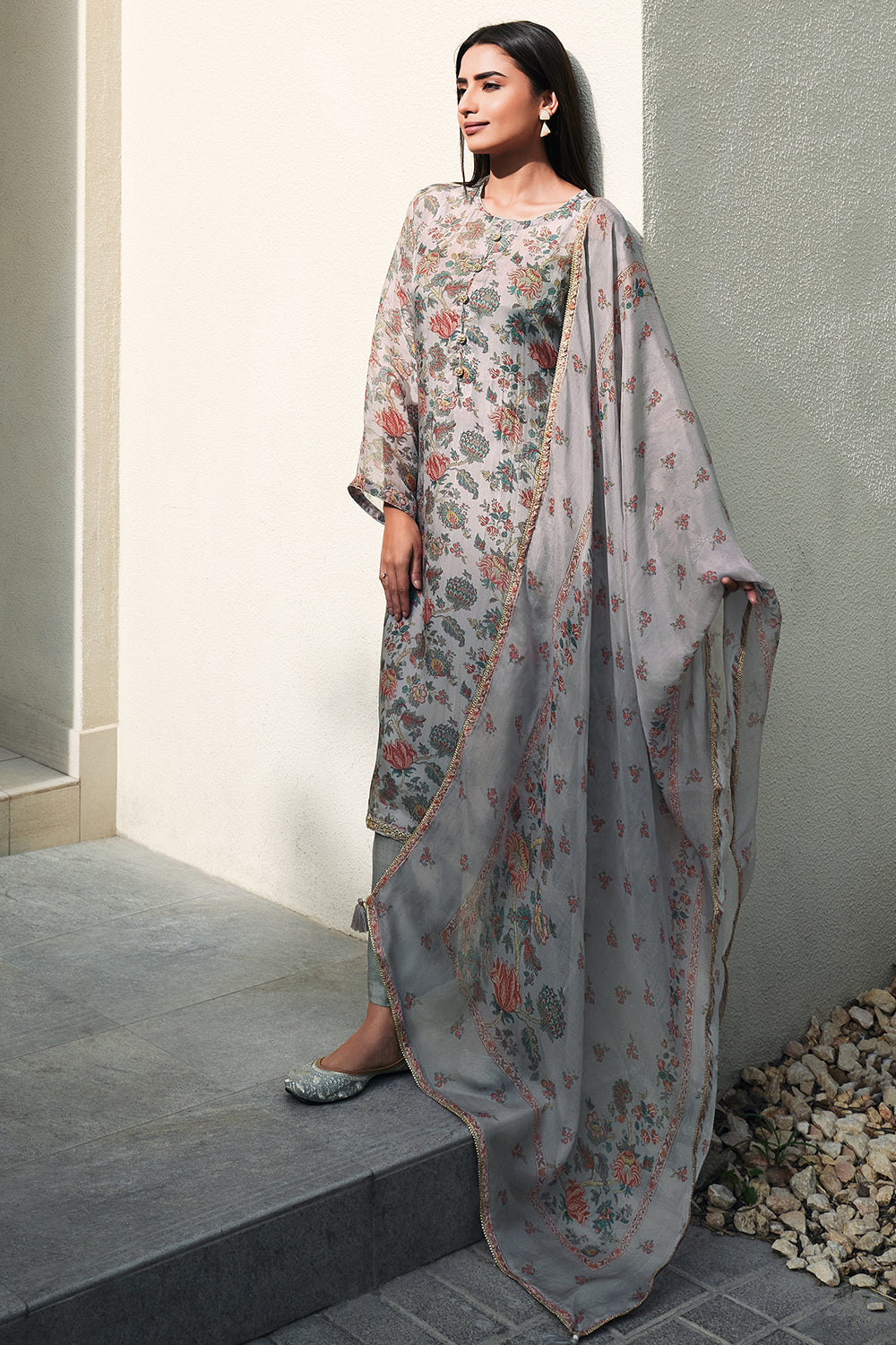 Grey Color Floral Printed Unstitched Suit Material
