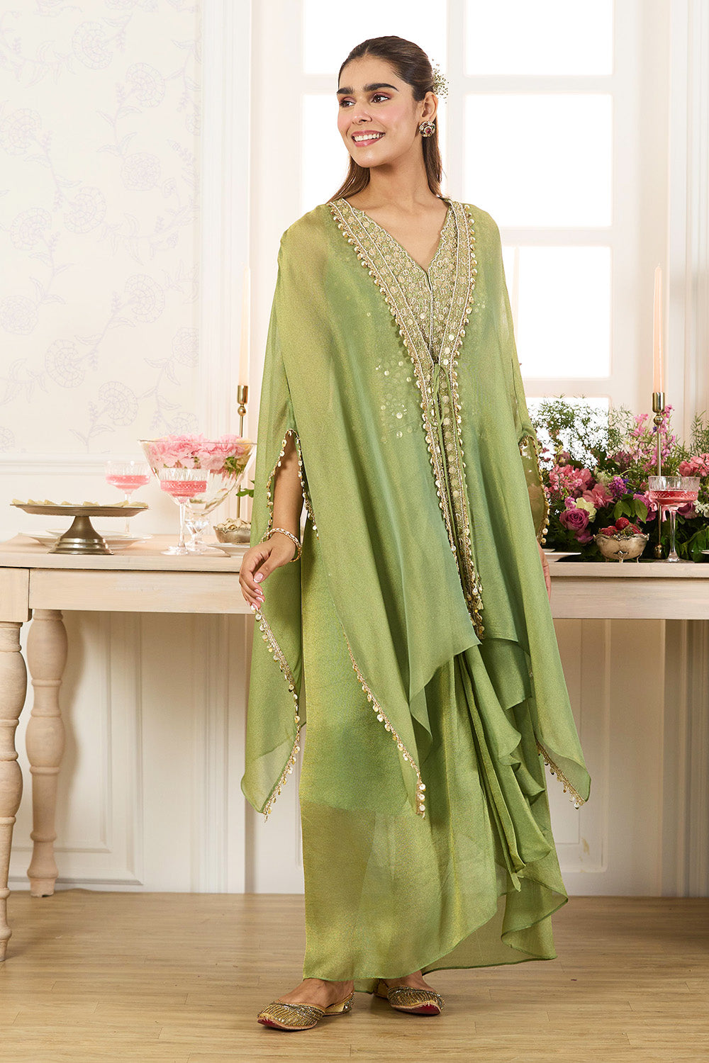 Green Shimmer Fabric Embroidered Cape Jacket with Crop Top & Dhoti Style Pant Co-ord Set