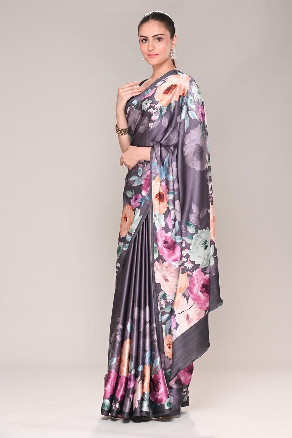 Lavender Color Satin Silk Lasa Printed Saree