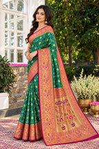 Teal Green Silk Printed And Woven Border Saree
