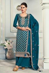 Blue Embroidered & Woven Chanderi Silk Unstitched Suit Fabric