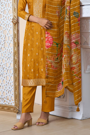 Mustard Silk Zari Woven Suit Set