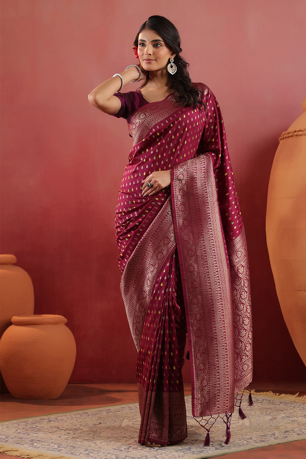 Wine Soft Silk Woven Saree