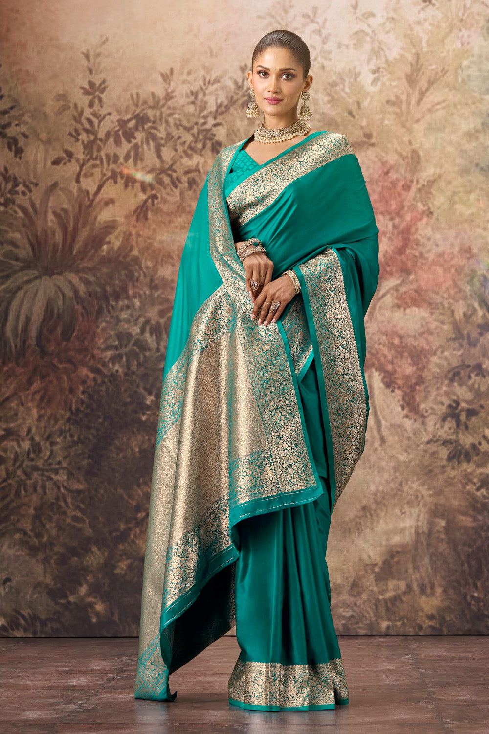 Teal Satin Mulberry Woven Saree