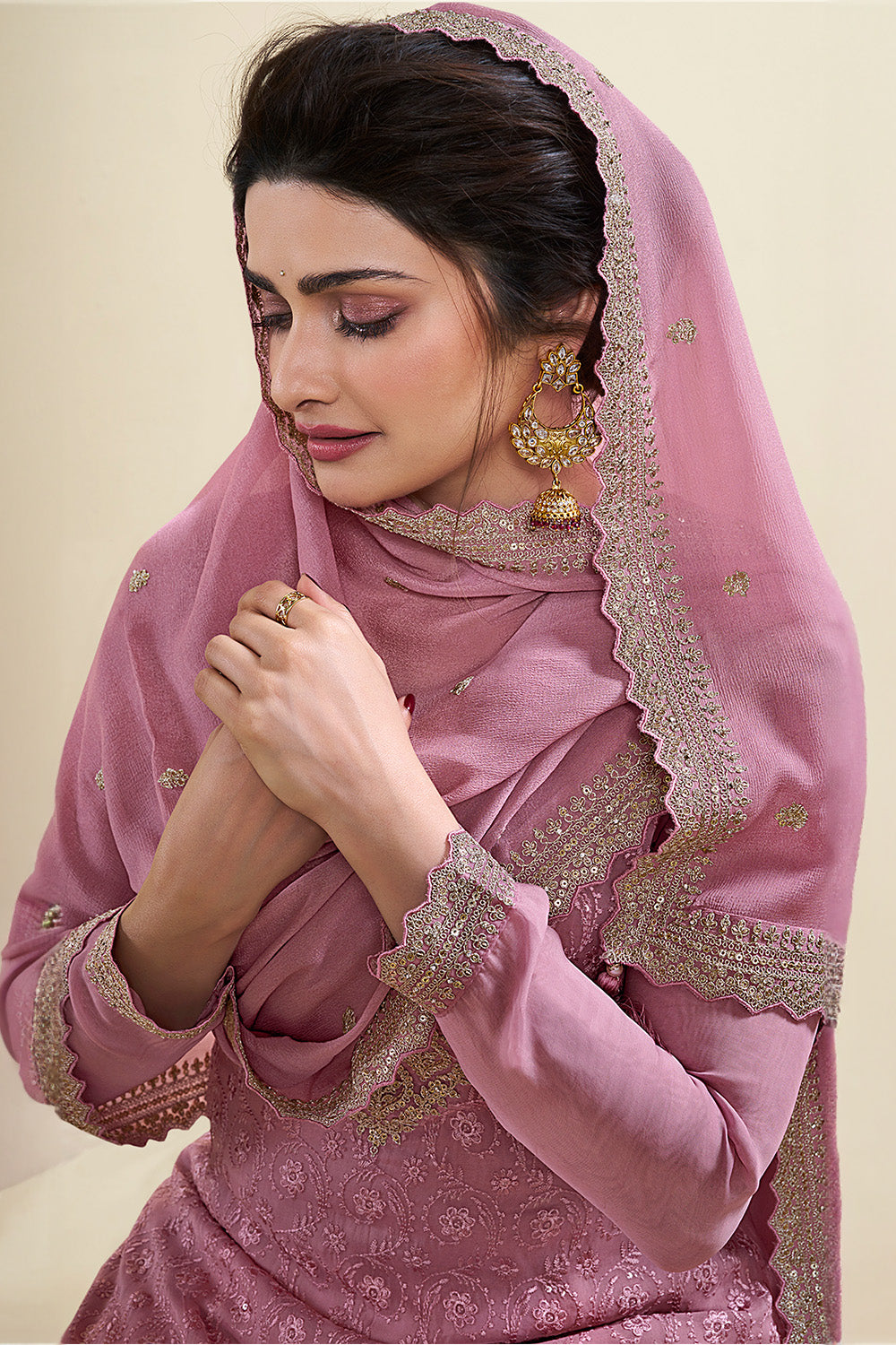 Dusty Pink Color Georgette heavy Embroidered Unstitched Suit Material