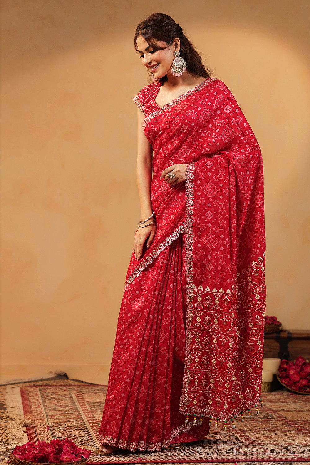 Red Color Ikat Patola Modal Silk Saree with Gota Patti Border