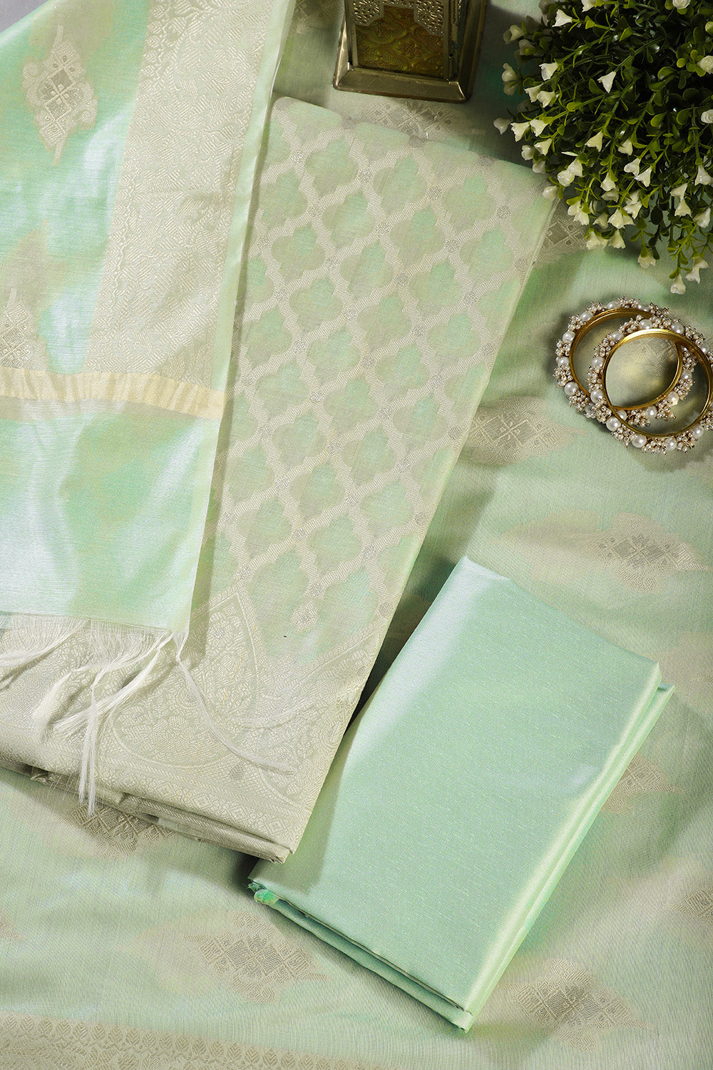 Sea Green Color Chanderi Cotton Woven Unstitched Suit Fabric