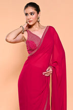 Valentine Red Color Georgette Saree With Readymade Blouse