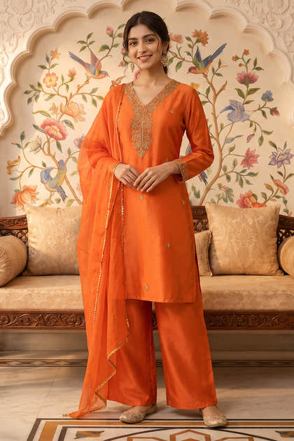Rust Neck-Embroidered Silk Straight Suit