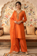 Rust Neck-Embroidered Silk Straight Suit