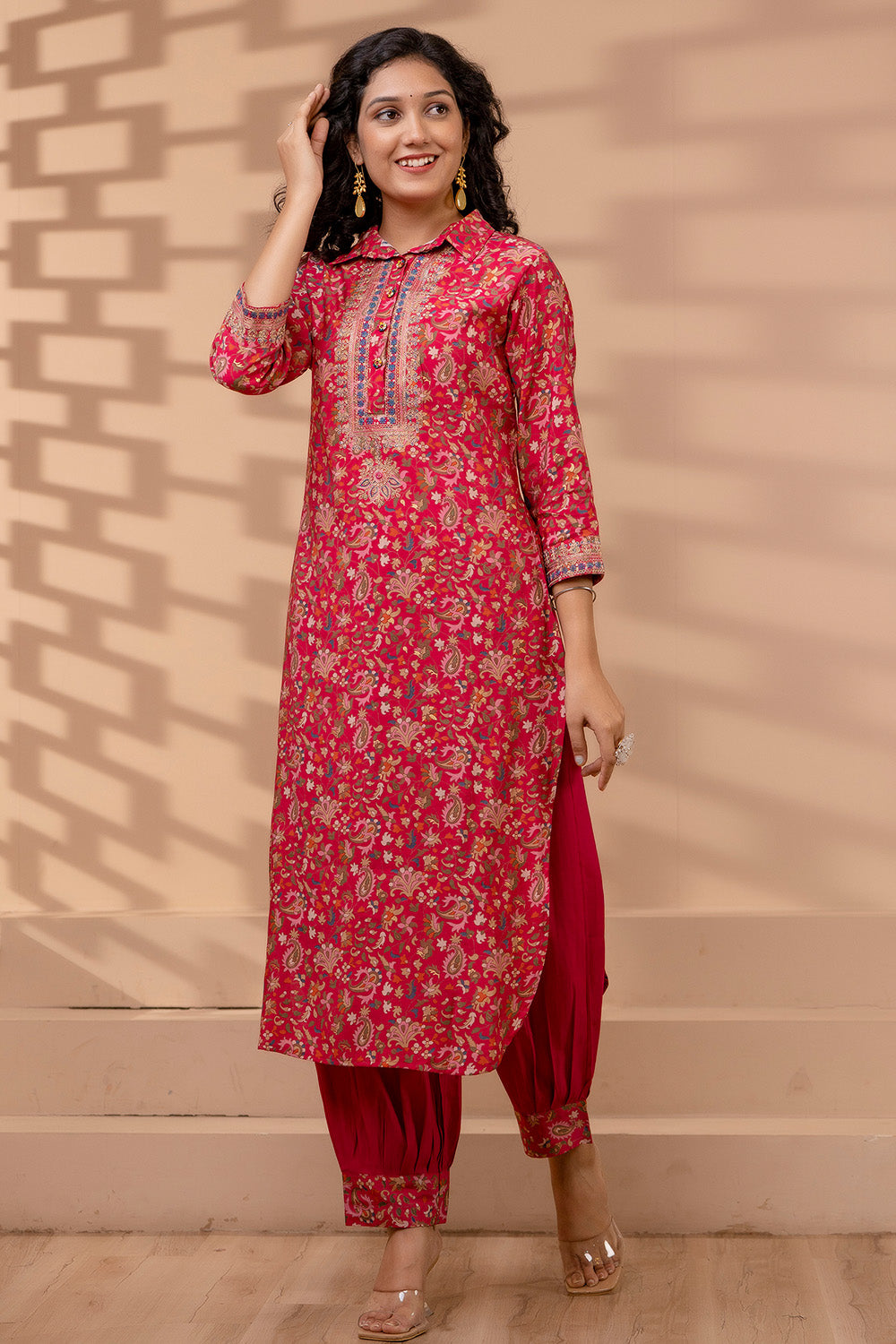 Fuchsia Pink Color Muslin Printed Kurta With Afgani Salwar Set