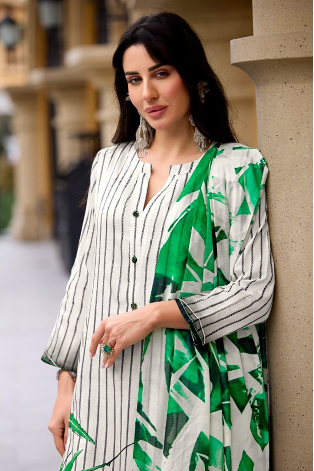 White And Green Color Cotton Floral Printed Unstitched Suit Fabric