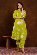 Light Green Block Printed Cotton Printed Kurta Set