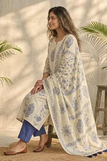 Cream Cotton Hand-Block Printed Suit