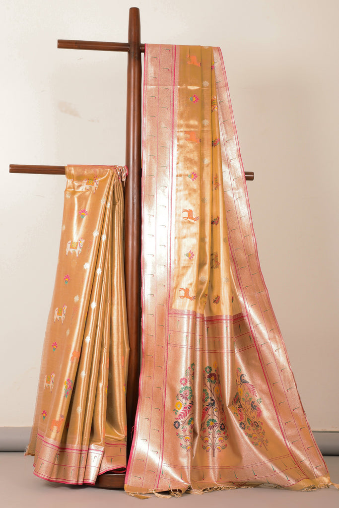 Gold & Red Duo-Chrome Tissue Silk  Pathani Work Saree