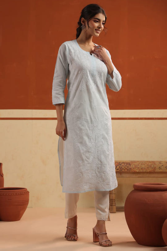 Light Blue Resham Embroidered Kurta