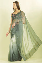Ombre Sage Green Organza Saree With Mirror Work