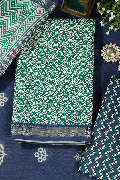 Green Cotton Ajrakh Block Print Unstitched Suit Material