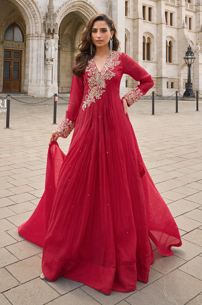 Red Crepe Silk Resham And Sequins Embroidered Anarkali Gown