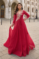 Red Crepe Silk Resham And Sequins Embroidered Anarkali Gown
