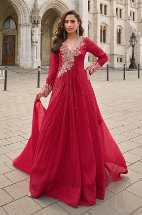 Red Crepe Silk Resham And Sequins Embroidered Anarkali Gown