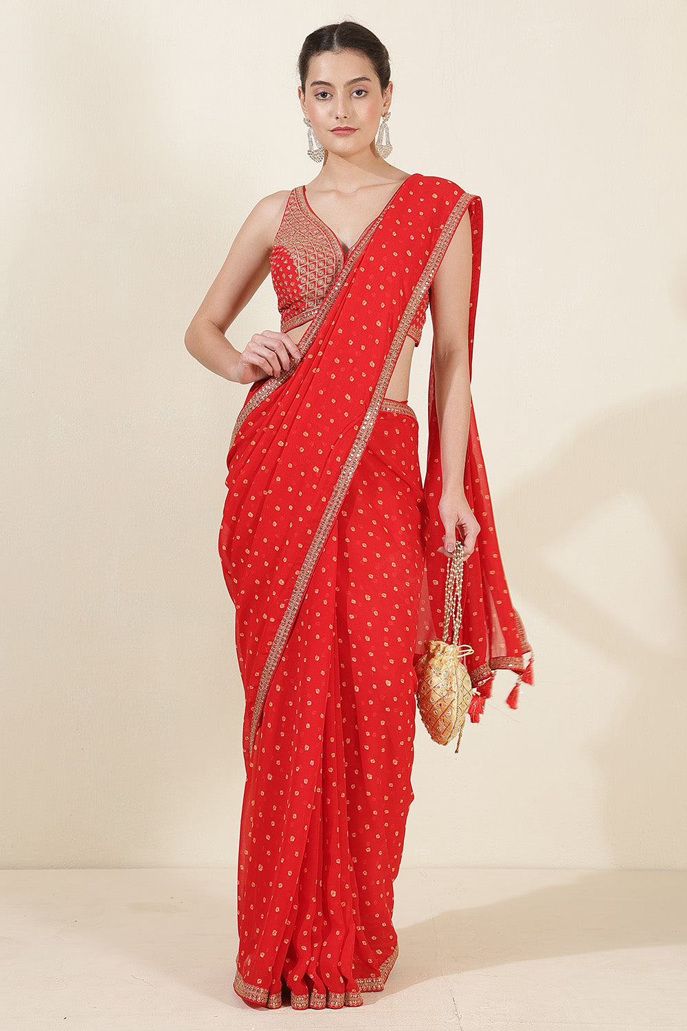 Red Color Georgette Bandhani Printed and Embroidered Saree With Readymade Blouse