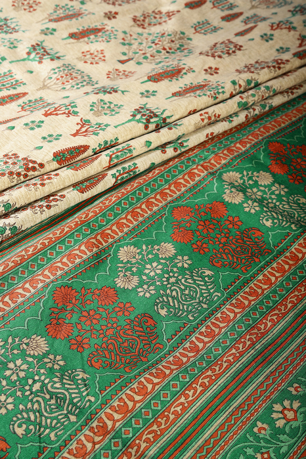 Beige & Green Color Tree-Like Structures Printed Tussar Silk Saree