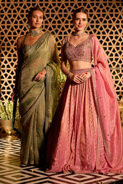 Seagreen Sequins Embroidered Salsa Tissue Saree
