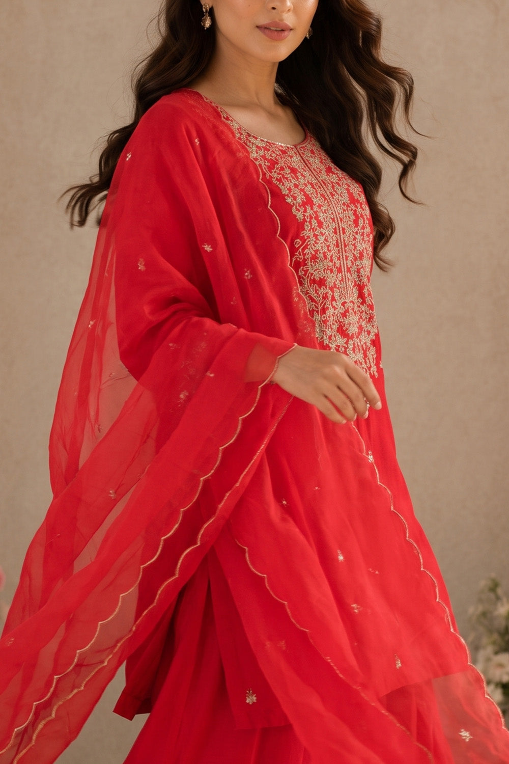 Carmine Silk Neck-Embroidered Suit With Pallazo
