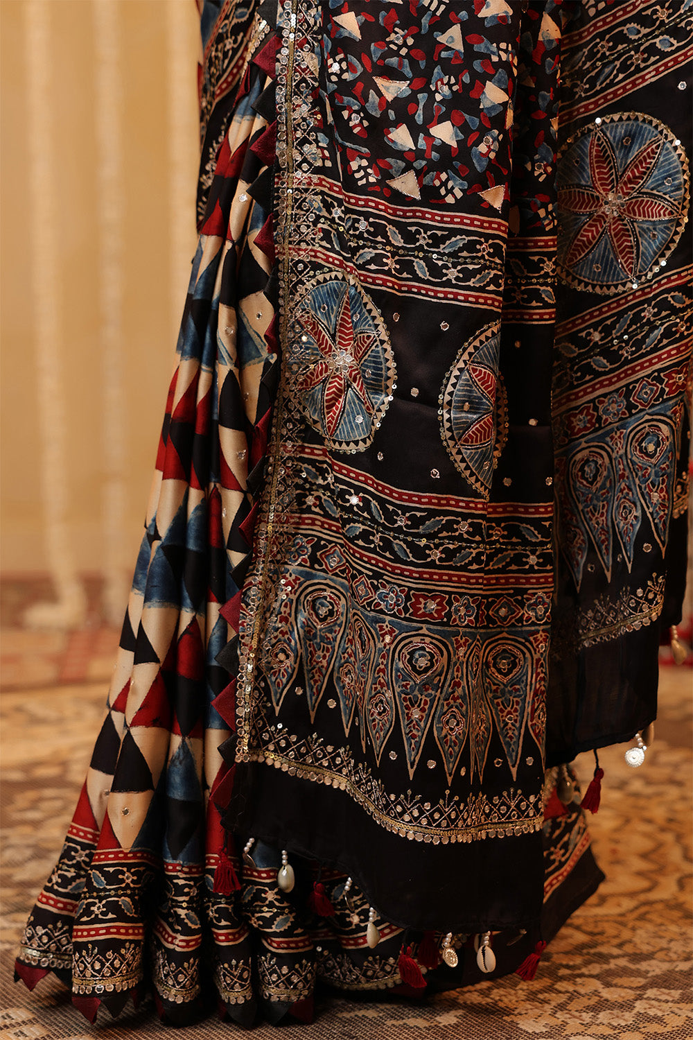 Navy & Beige Printed And Embroidered Pure Mulberry Silk Saree