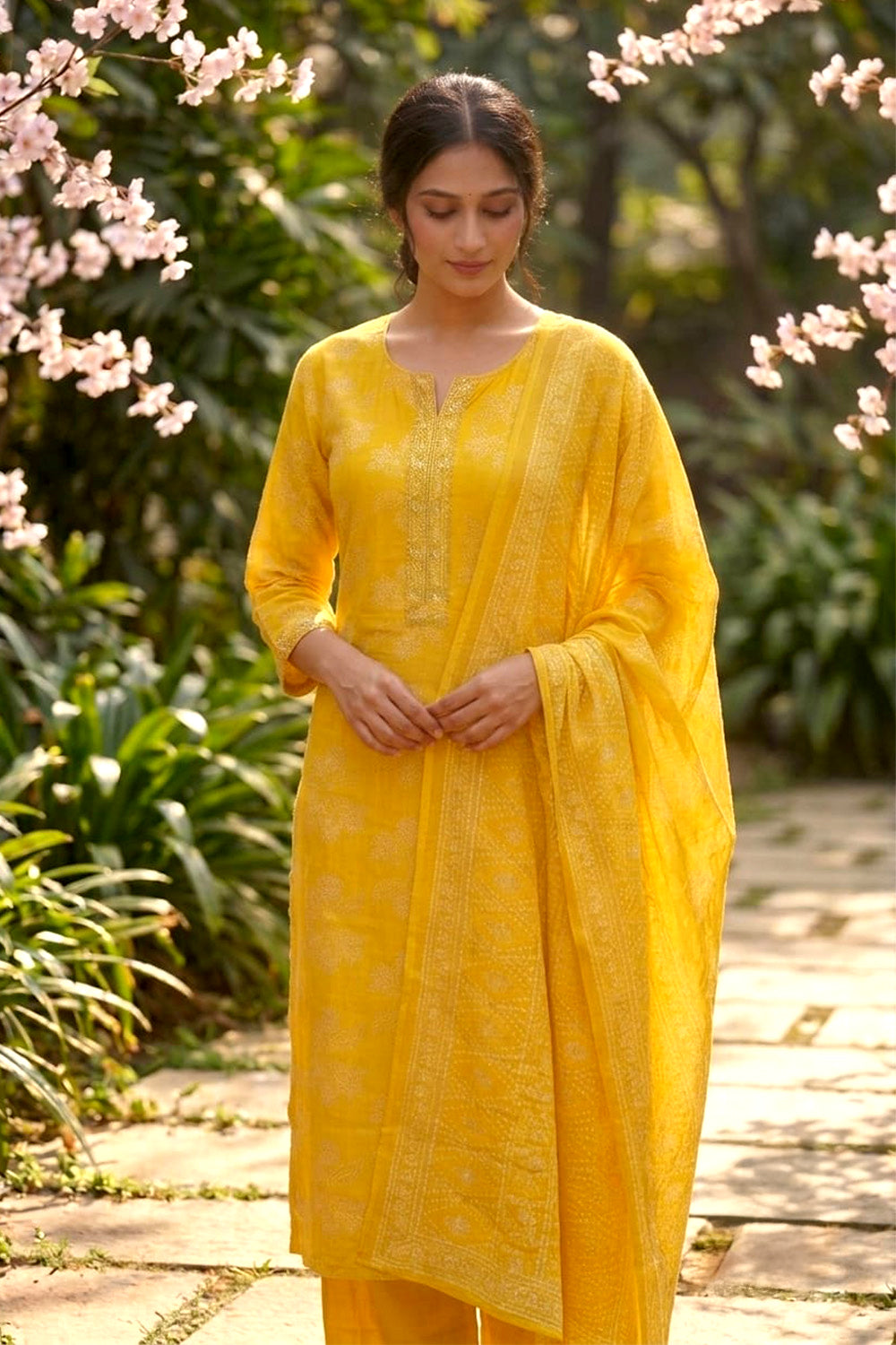 Mustard Muslin Printed Straight Suit
