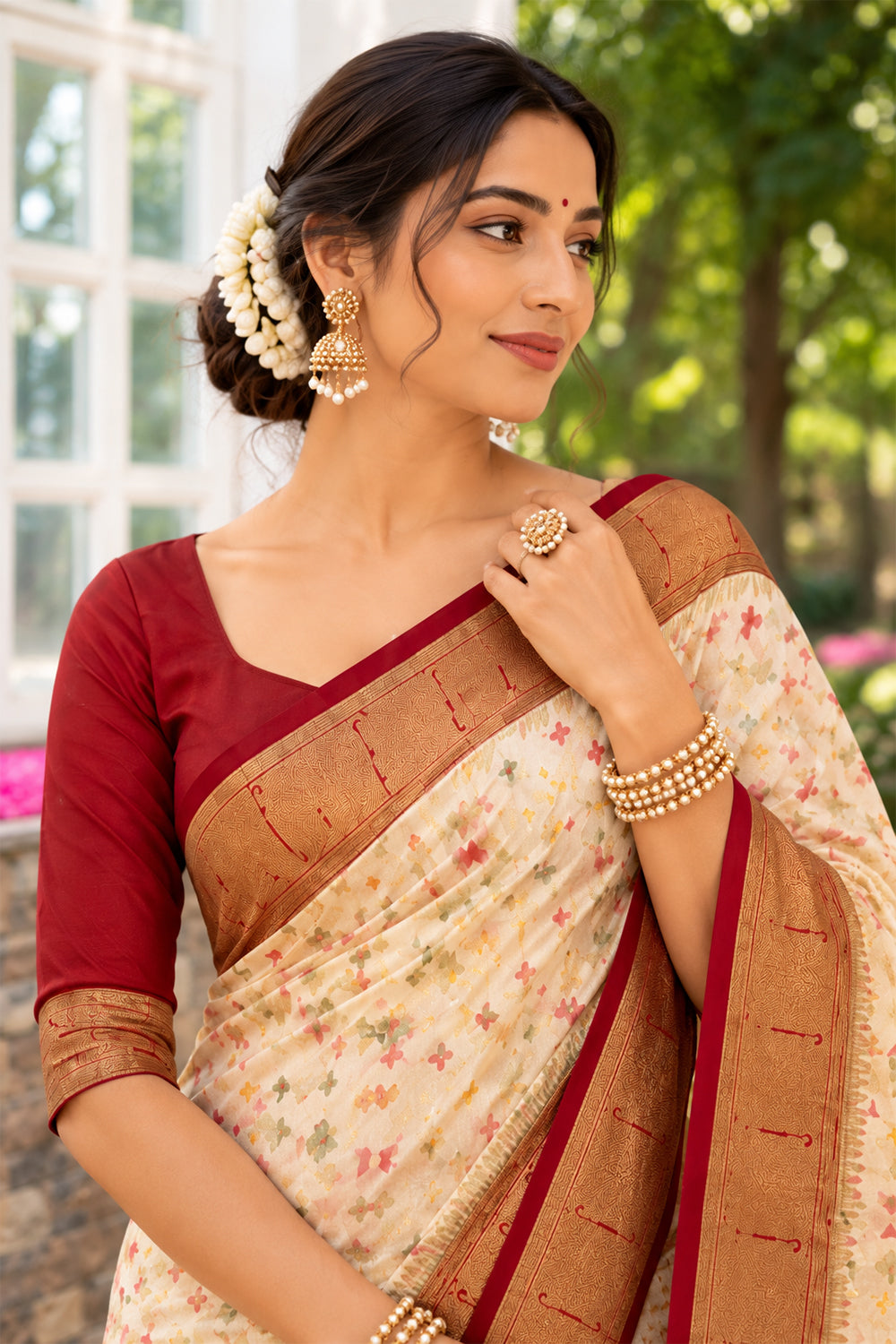Cream Silk Ikkat Woven Border Saree