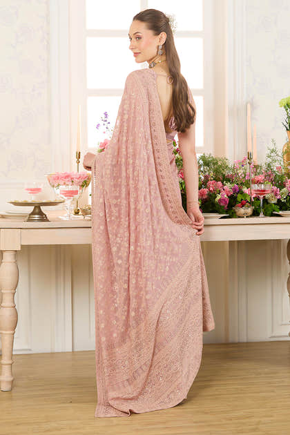 Dusty Pink Georgette Embroidered And Swaroski Work Saree