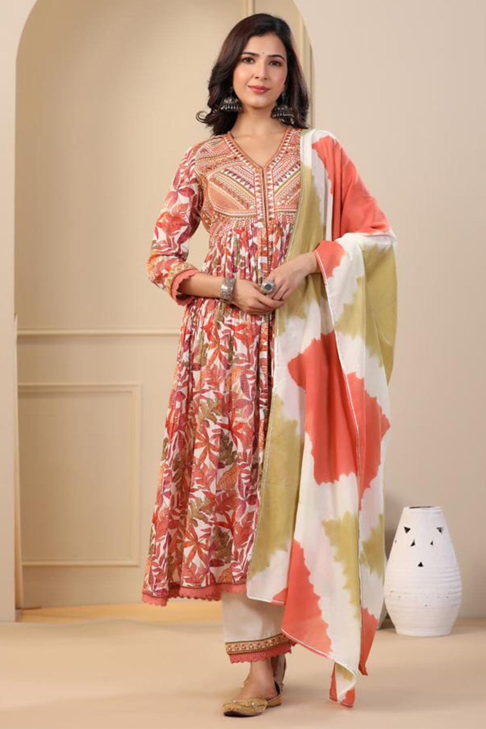 Rust Color Cotton Printed Anarkali Suit