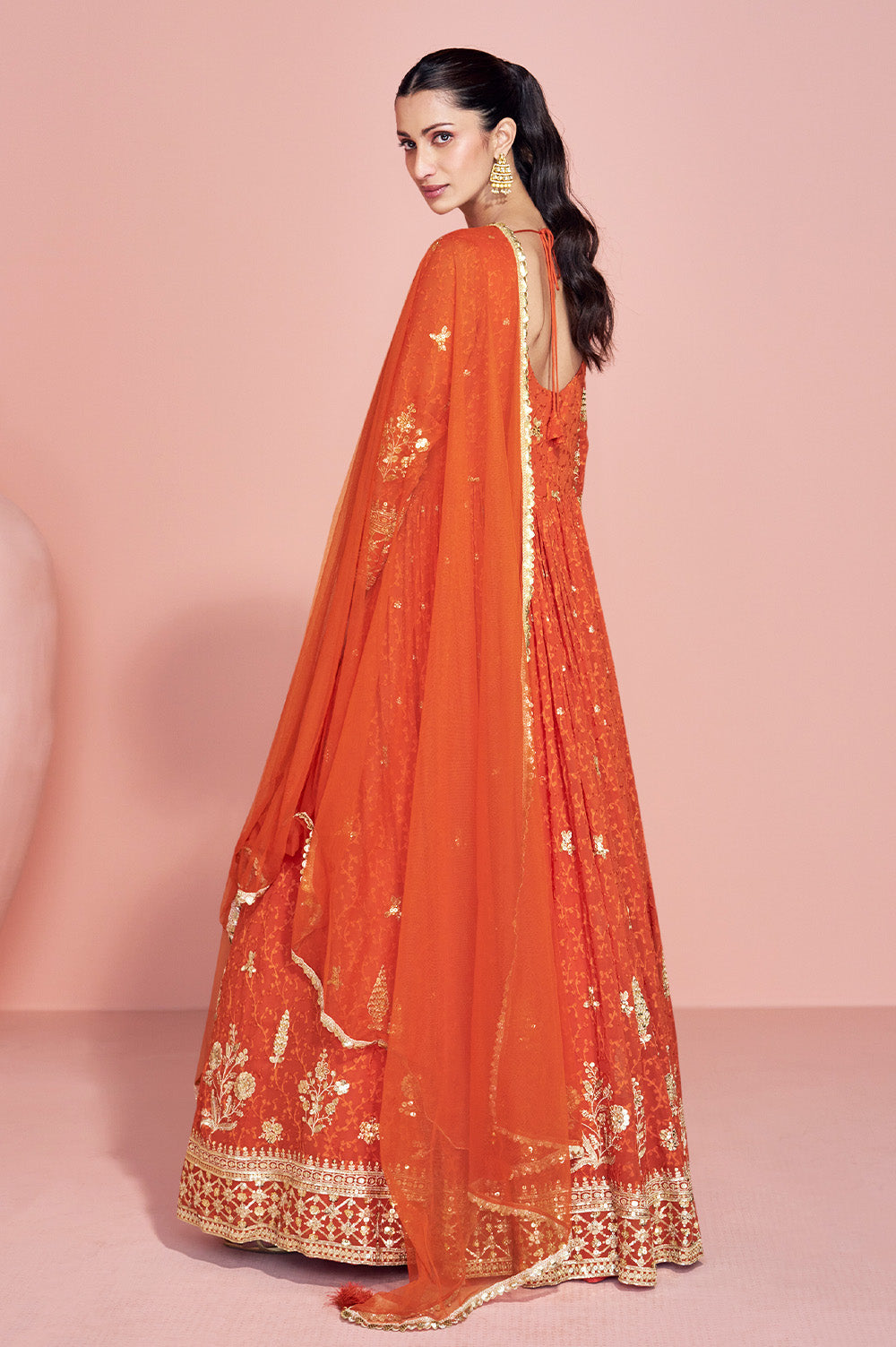 Orange Georgette Resham, Zari and Sequins Embroidered Alia Cut Anarkali Gown