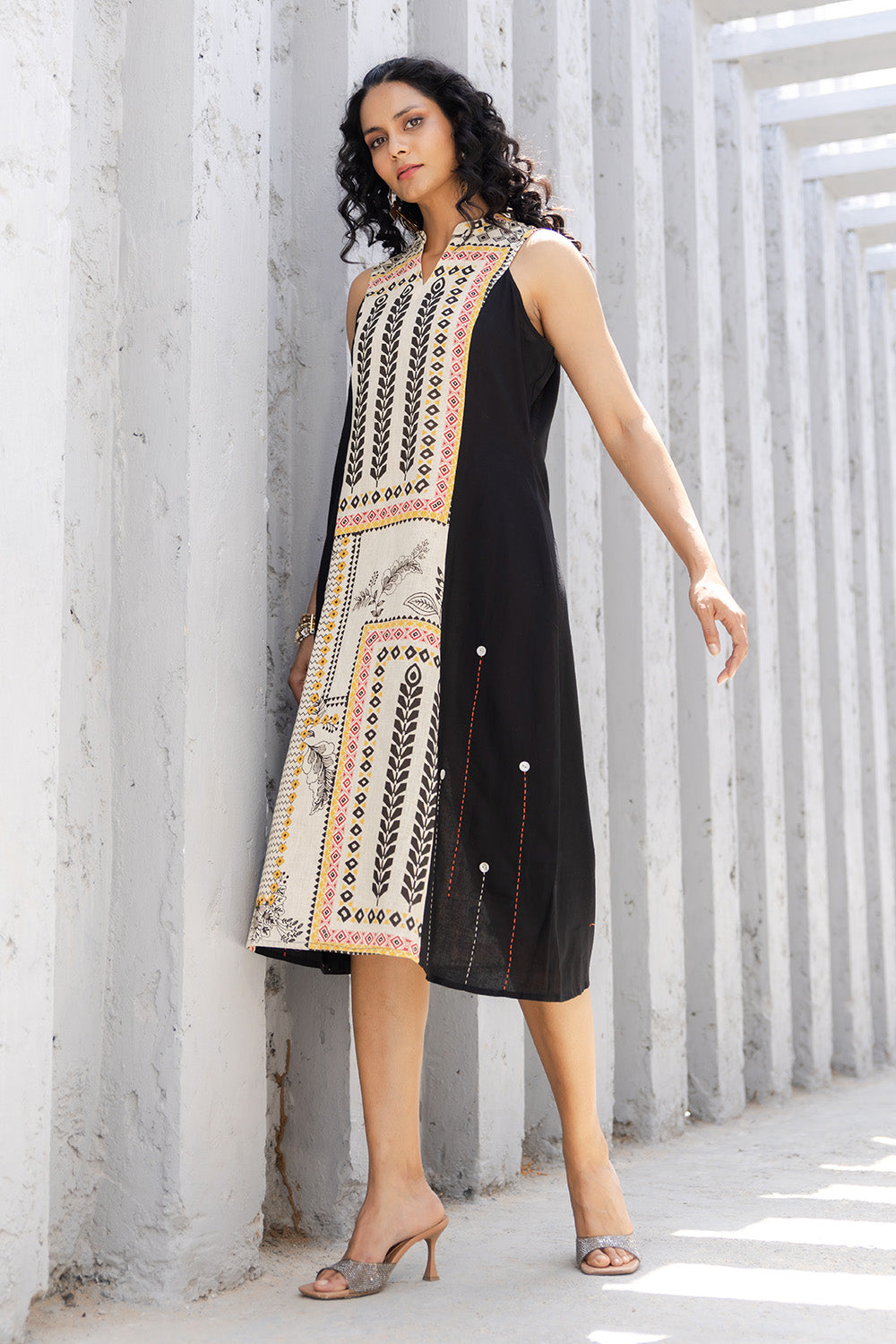 Cream & Black Colour Cotton Printed Peonies Dress