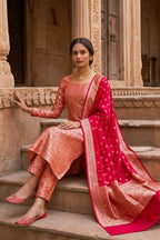 Cherry Red Banarsi Silk Woven Unstitched Suit Material