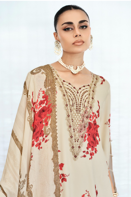 Cream Crepe Silk Floral Printed Unstitched Suit Material