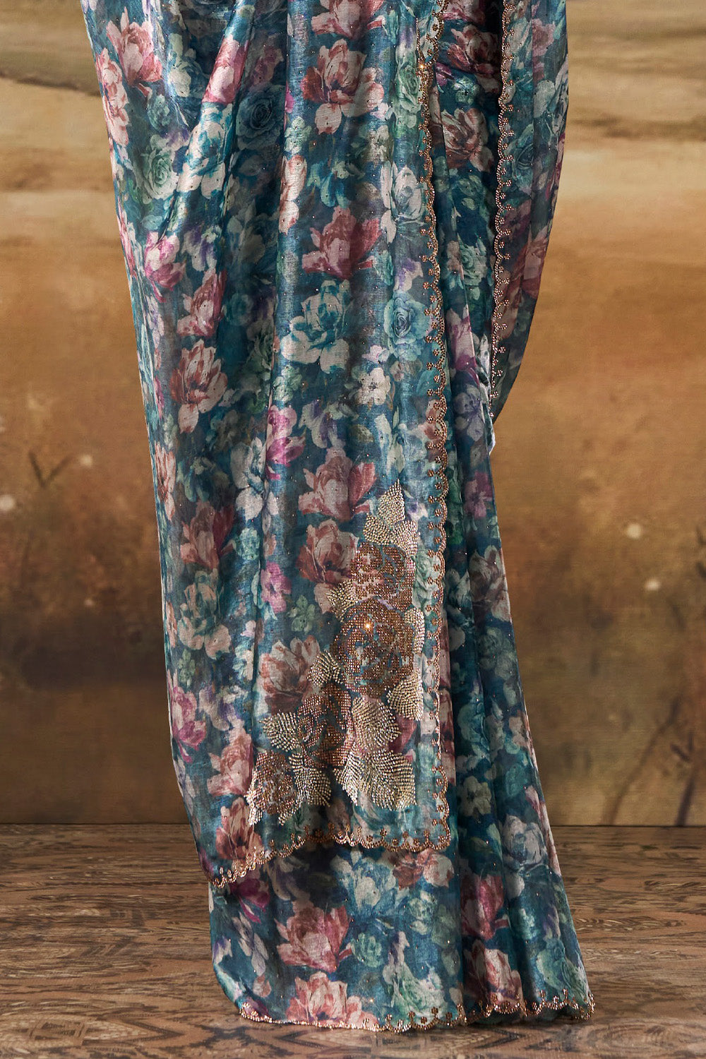Blue Shimmer Floral Printed Saree with Swarovski Work on Border