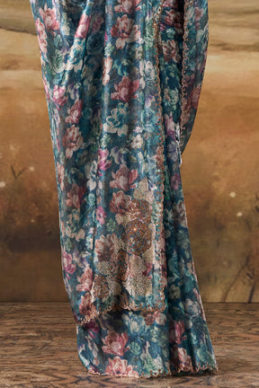 Blue Shimmer Floral Printed Saree with Swarovski Work on Border