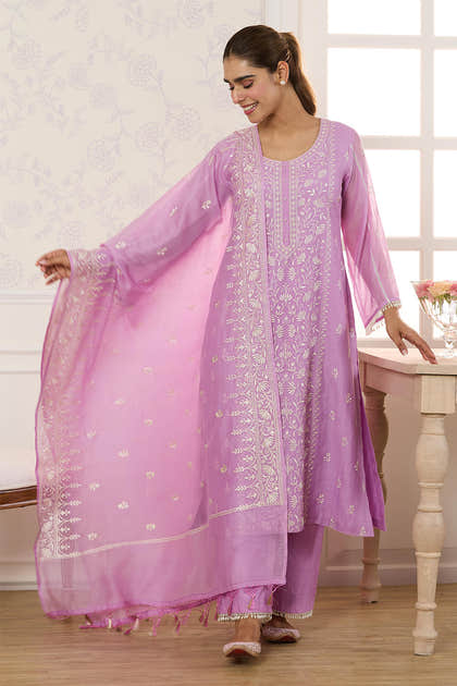 Mauve Mul Chanderi Resham Embroidered Unstitched Suit Material