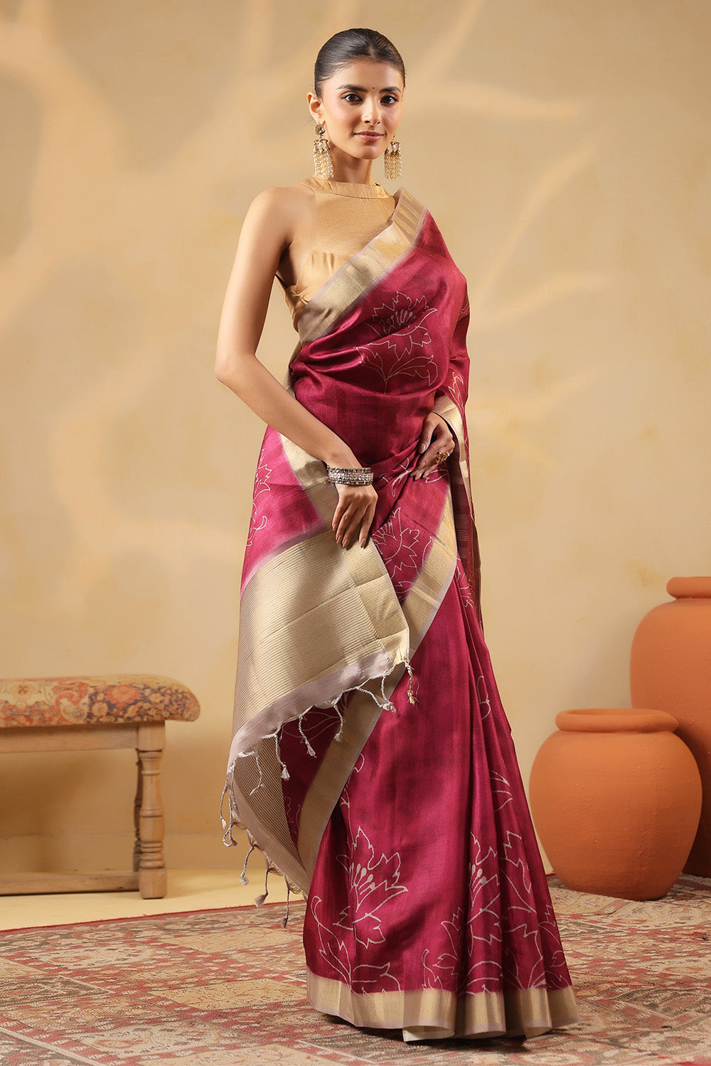 Deep Carmine Floral Printed and Zari Woven Tussar Silk Saree