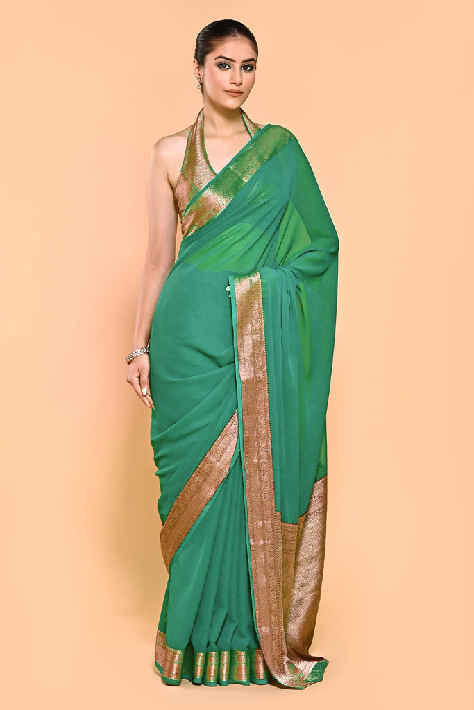 Teal Green Color Georgette Woven Saree
